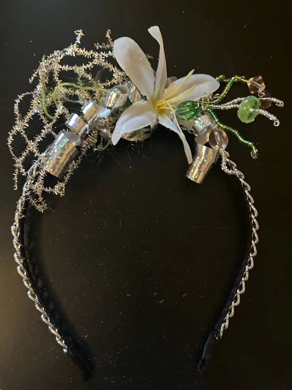 NWT Artisan Black Silver Gold Floral Hair Piece Headband Ribbon Accents Festival - Picture 3 of 7